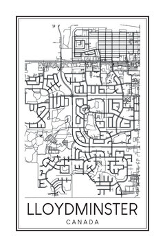 Printable downtown road map poster of the Canadian city of LLOYDMINSTER on solid white background with city name