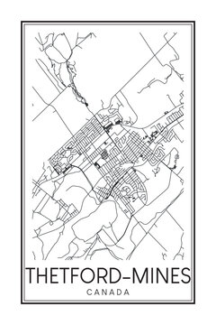 Printable downtown road map poster of the Canadian city of THETFORD-MINES on solid white background with city name
