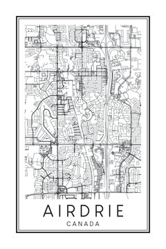 Printable downtown road map poster of the Canadian city of AIRDRIE on solid white background with city name