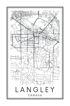 Printable downtown road map poster of the Canadian city of LANGLEY on solid white background with city name