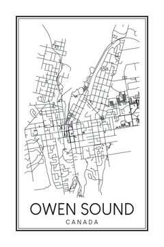 Printable downtown road map poster of the Canadian city of OWEN SOUND on solid white background with city name