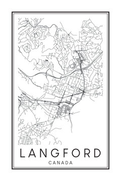 Printable downtown road map poster of the Canadian city of LANGFORD on solid white background with city name