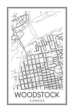 Printable downtown road map poster of the Canadian city of WOODSTOCK on solid white background with city name