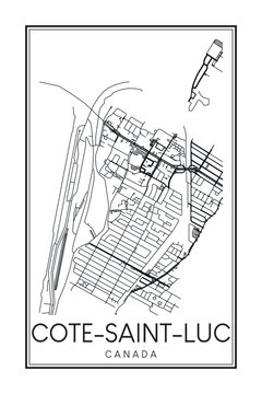 Printable downtown road map poster of the Canadian city of COTE-SAINT-LUC on solid white background with city name