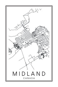 Printable downtown road map poster of the Canadian city of MIDLAND on solid white background with city name