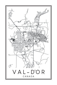 Printable downtown road map poster of the Canadian city of VAL-D'OR on solid white background with city name