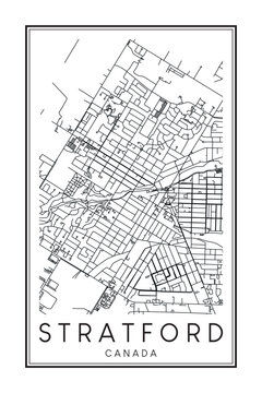 Printable downtown road map poster of the Canadian city of STRATFORD on solid white background with city name