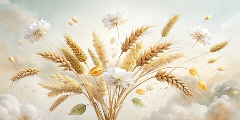 Wall Mural - serene bouquet of wheat and delicate white blossoms floating on a dreamlike cloudscape