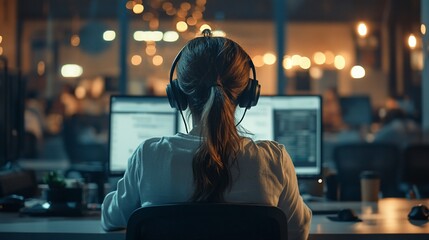 Focused programmer at night office, coding at desk, colleagues working in background