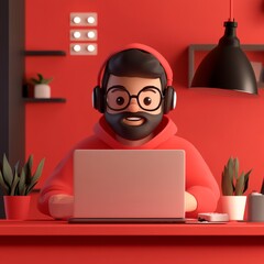 Poster - Cartoon Developer with Headphones Working on a Laptop in a Red Room, with Plants, Lighting and Modern Desk.