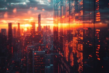 Poster - Cityscape Glow: Skyscrapers Reflecting a Fiery Sunset, Abstract Patterns Overlay Urban Landscape, Modern Metropolis