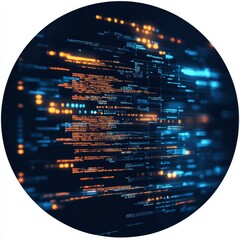 Poster - Digital Matrix: Abstract Code Visualization in Blue and Orange with Data Streams and Futuristic Design.