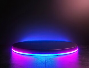 Poster - 3D render, abstract black background with blue and purple glowing neon lines on the floor. Cylindrical pedestal podium for product display presentation mock-up. 