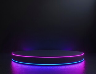 Poster - 3D render, abstract black background with blue and purple glowing neon lines on the floor. Cylindrical pedestal podium for product display presentation mock-up. 