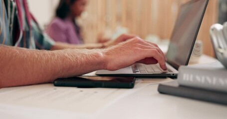 Poster - Laptop, man hands and online for college assignment, typing and research for studying module. Business course, fingers and keyboard for university education, person and web for learning development