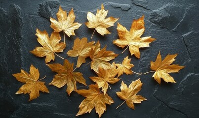 Wall Mural - Artistic close-up of golden maple leaves scattered on a dark slate surface illuminated by diffused light emphasizing their intricate details and seasonal beauty