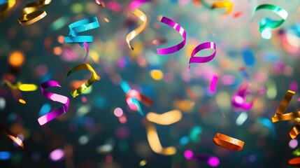 Fototapete - A dynamic cascade of multicolor confetti and curling ribbons floating in the air, perfect for capturing the essence of joyful celebration and fun