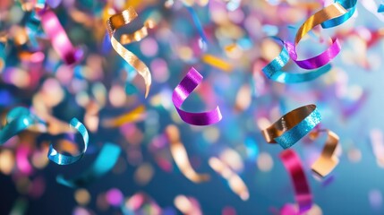 Fototapete - A dynamic cascade of multicolor confetti and curling ribbons floating in the air, perfect for capturing the essence of joyful celebration and fun