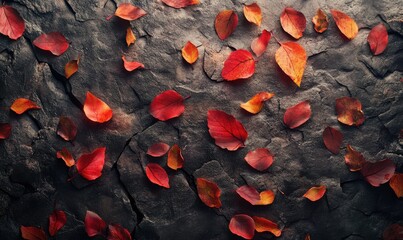 Wall Mural - Close-up of vibrant red and orange autumn leaves scattered on a textured gray surface illuminated by soft natural light creating a seasonal composition