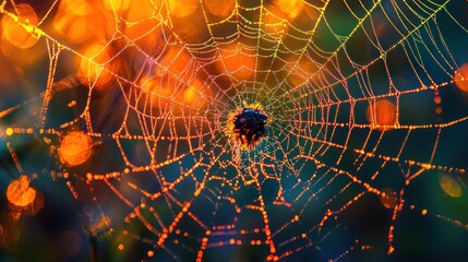 Spider in web with bokeh background.