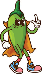 Poster - Groovy cartoon jalapeno pepper character as Halloween wizard, vector Mexican Tex Mex food. Groovy jalapeno pepper with happy smile and funky face in wizard mantle for Halloween holiday funny character