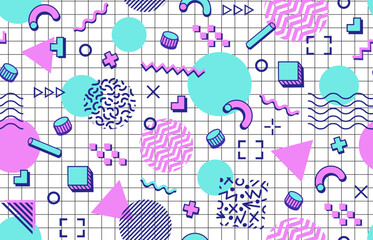 Poster - Abstract geometric color Memphis seamless pattern. 80s 90s hipster backdrop with colorful shapes and elements on checkered page. Vector background with surreal figures, lines, dots, triangles or waves