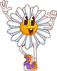 Aufkleber - Groovy daisy chamomile flower happy character. Summer daisy cartoon isolated vector character, funky blooming plant funny personage or hippie chamomile flower cheerful happy smiling mascot waving hand