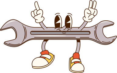 Poster - Cartoon groovy wrench character or funny DIY construction and repair tool, vector personage. Groovy spanner or wrench character with happy smile on funky face for building or DIY repair tool