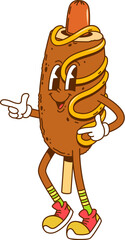 Poster - Groovy retro cartoon hippie corn dog character or funny fast food, vector personage. Groovy corndog or fried hot dog sausage with happy smile on funny face and mustard sauce for fast food character