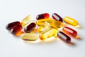Poster - Colorful capsules scattered over a minimalist white background showcasing diverse shapes and textures for health and wellness Generative AI