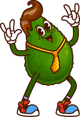 Poster - groovy avocado character with funny face and funky fingers gesture, vector retro cartoon. groovy avo