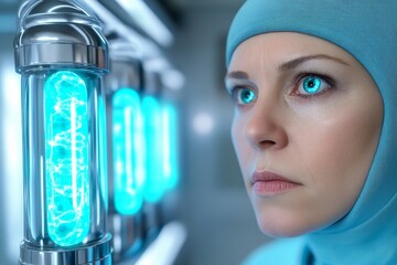 Poster - A futuristic laboratory where scientists are genetically engineering hybrid creatures from multiple phyla, glowing test tubes filled with bioluminescent life forms