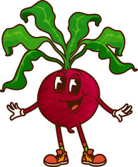 Aufkleber - Cartoon groovy beetroot vegetable character with leafy greens on a fun summer vacation, wearing hippie boots and posing joyfully with arms wide open, capturing playful, cheerful and lively y2k vibes