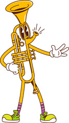 Poster - Cartoon trumpet groovy musical instrument character. Isolated vector funny horn, brass pipe personage with happy face and funky vibe invites into music school for educational classes or performance