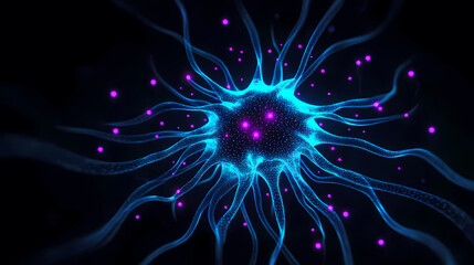 3D Render of Neurons with Glowing Blue Particles