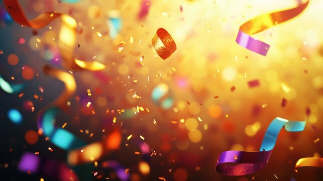Party ribbons and confetti falling from above, set against a glowing backdrop with bokeh lights, creating a magical and energetic party moment