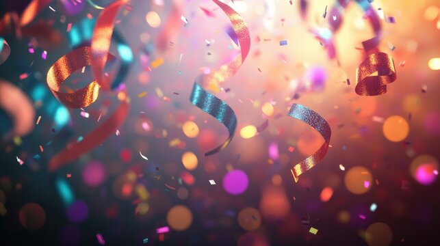 Party ribbons and confetti falling from above, set against a glowing backdrop with bokeh lights, creating a magical and energetic party moment