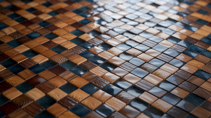 Poster - Close-up of square tile mosaic texture Brown, beige, and blue hues create a geometric pattern, showcasing a sleek and modern design ideal for backgrounds or architectural visualization