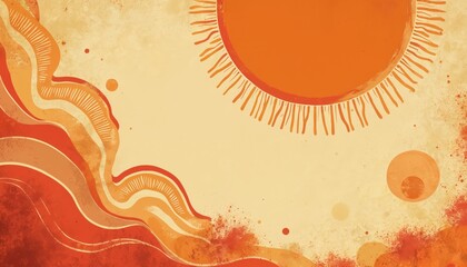 Poster - groovy retro background with orange sun and beige wavy layers. stylish simple warm color illustratio