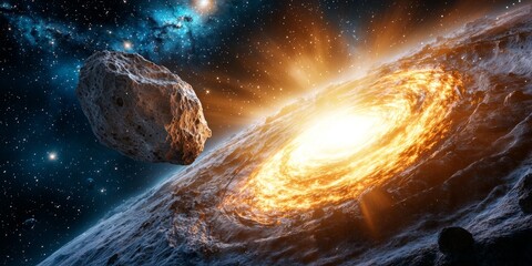 Wall Mural - A stunning cosmic scene showcases a glowing nebula with an asteroid, highlighting the beauty and mystery of space.