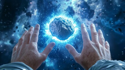 Wall Mural - A cosmic scene featuring hands reaching towards a glowing, blue asteroid amidst a star-filled universe.