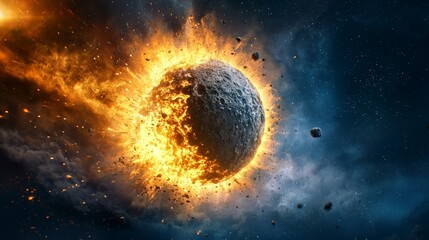 Wall Mural - A fiery celestial body hurtles through space, surrounded by a dramatic explosion, showcasing the power of cosmic events.