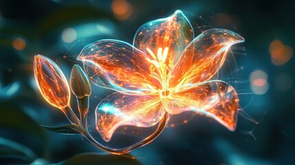 fiery glass lily flower glowing in dark.