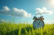 © Vadym - Alarm clock in green grass against bright blue sky with clouds. Time management abstract concept. Daylight saving time reminder. Spring forward. Clock on lawn. Summer season.