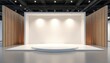© Vadym - 3D trade event mockup of white display booth stand. Blank fair wall and podium. Empty store room for exhibition and presentation front view. Commercial showroom interior design set with lights.