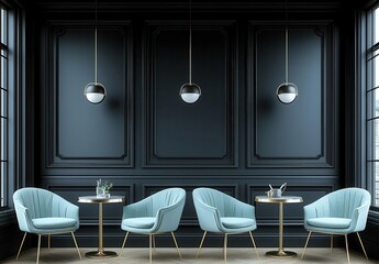 Poster - Stylish modern interior featuring elegant blue chairs and pendant lighting in a chic setting, copy space, commercial use