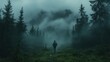 © milenialdesastudio - Solitary hiker walking on foggy forest trail.