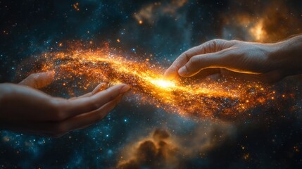 Wall Mural - Two hands reaching across a swirling nebula of cosmic energy.