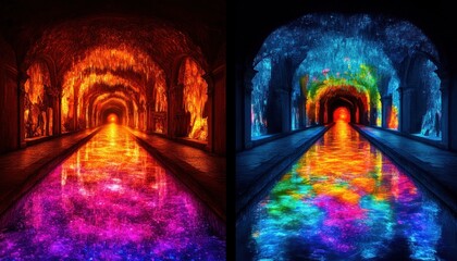 Wall Mural - Diptych of surreal glowing tunnels reflecting vibrant colors in water.