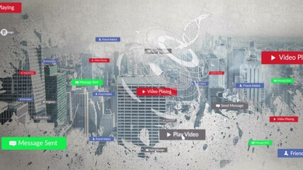 Poster - Animation of digital notifications overlaying skyscrapers in urban cityscape